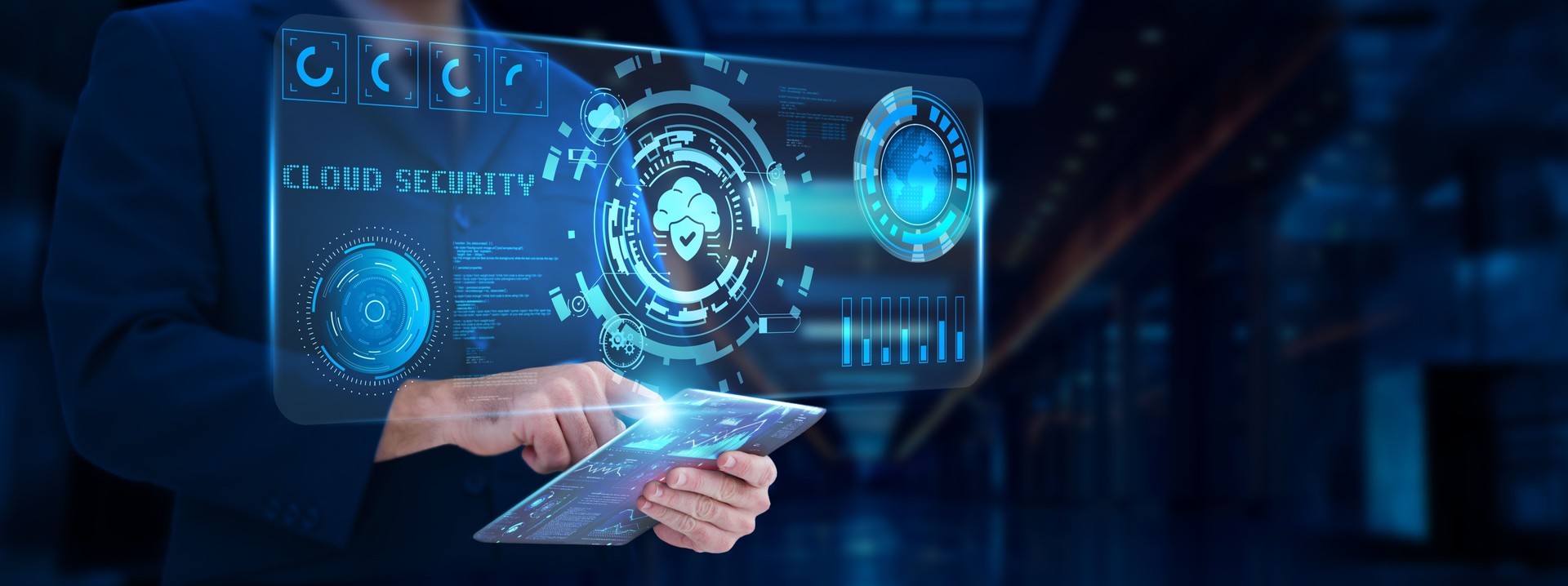 Cloud Security: Data protection, businessman analyzing and monitoring technological cloud security, encryption, access control, firewall protection, risk management.